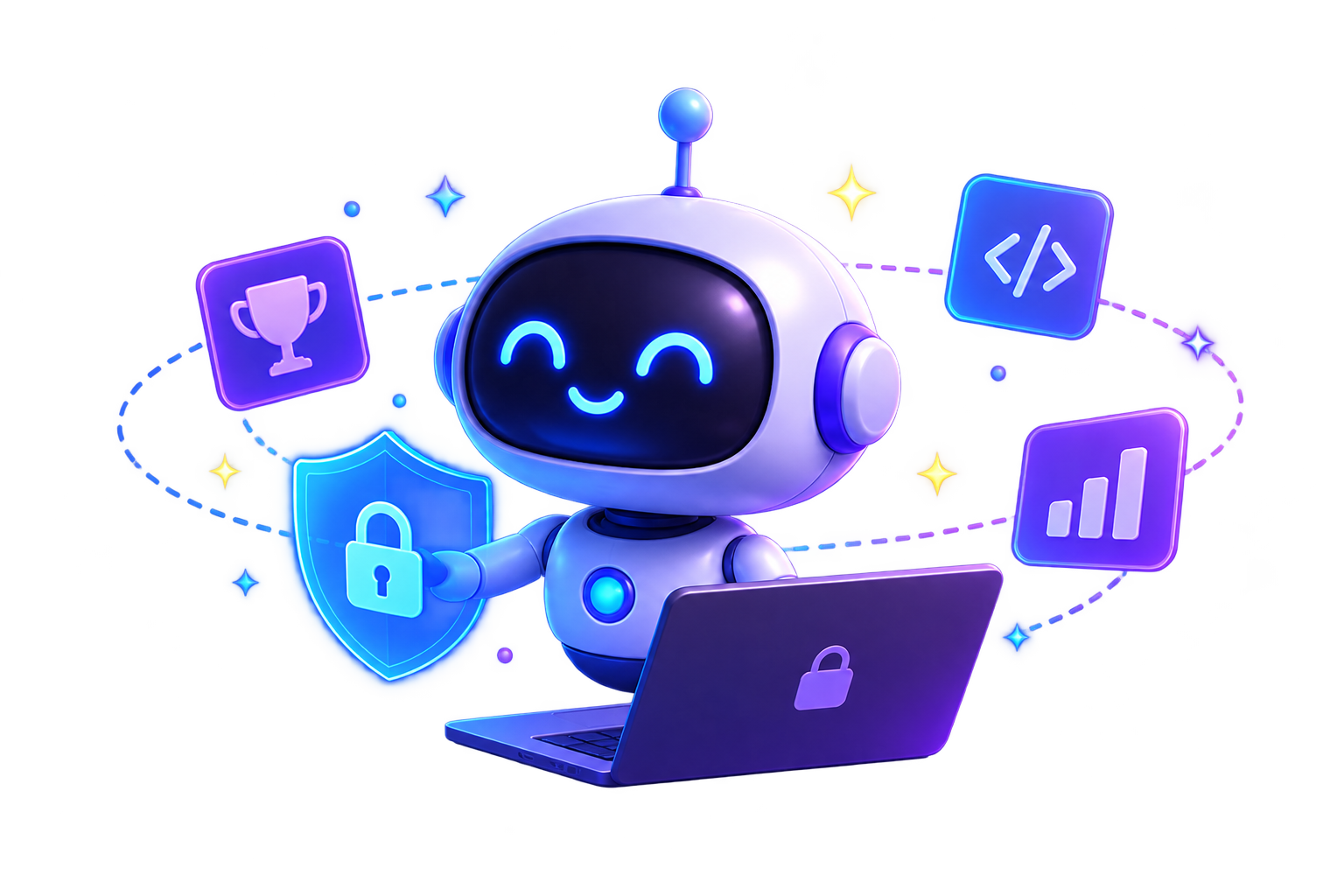 Illustration of a friendly robot surrounded by cybersecurity and learning icons